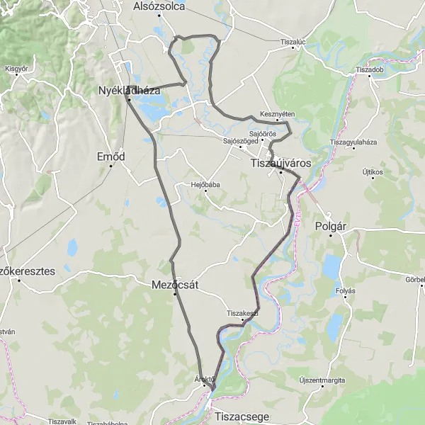 Map miniature of "Tisza Adventure" cycling inspiration in Észak-Magyarország, Hungary. Generated by Tarmacs.app cycling route planner