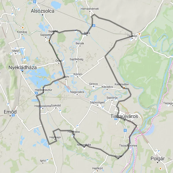 Map miniature of "Sajólád Loop via Bőcs and Kesznyéten" cycling inspiration in Észak-Magyarország, Hungary. Generated by Tarmacs.app cycling route planner