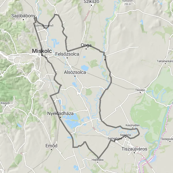 Map miniature of "Sajószöged to Girincs Loop" cycling inspiration in Észak-Magyarország, Hungary. Generated by Tarmacs.app cycling route planner