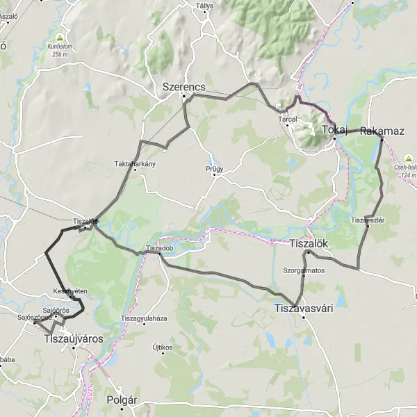 Map miniature of "Scenic Routes of Sajószöged and Surroundings" cycling inspiration in Észak-Magyarország, Hungary. Generated by Tarmacs.app cycling route planner