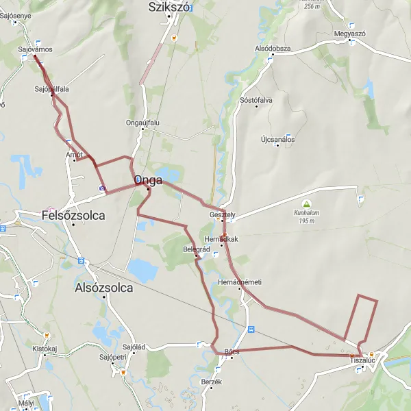 Map miniature of "Sajóvámos - Zsolcai keleti halom Gravel Adventure" cycling inspiration in Észak-Magyarország, Hungary. Generated by Tarmacs.app cycling route planner