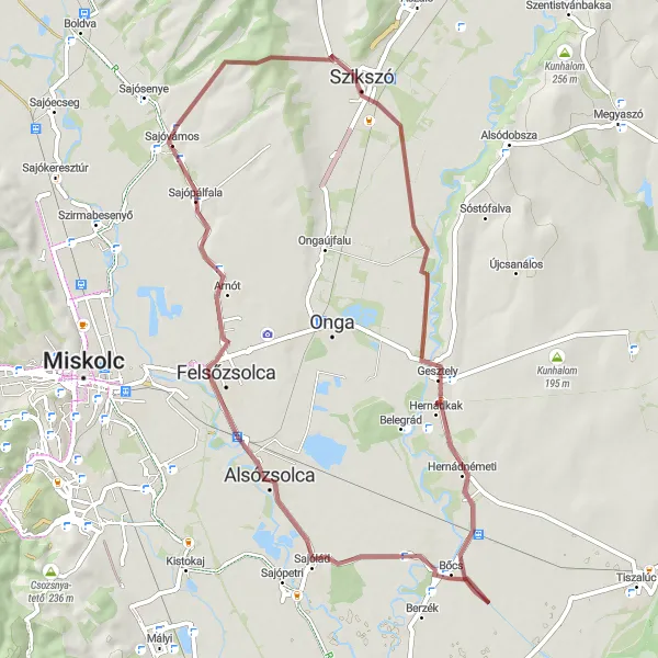 Map miniature of "Sajóvámos - Szikszó Gravel Adventure" cycling inspiration in Észak-Magyarország, Hungary. Generated by Tarmacs.app cycling route planner