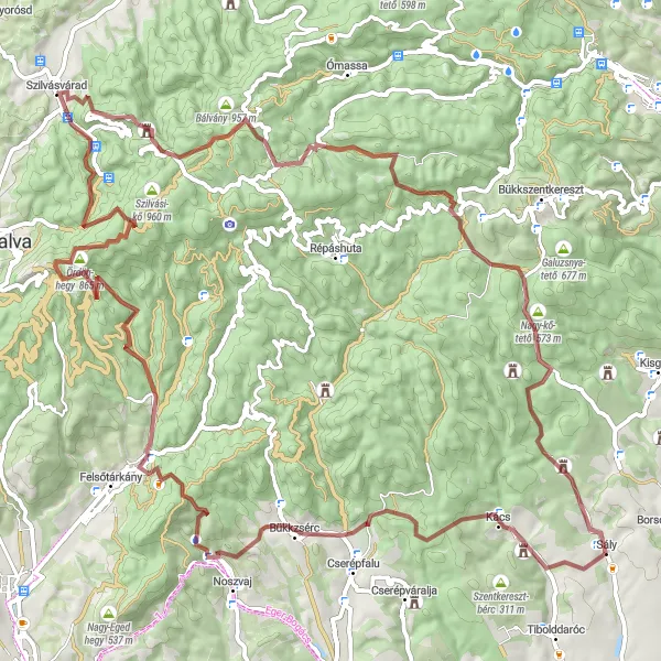 Map miniature of "Bükkzsérc Gravel Adventure" cycling inspiration in Észak-Magyarország, Hungary. Generated by Tarmacs.app cycling route planner