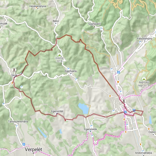 Map miniature of "Sirok and Surrounding Hills" cycling inspiration in Észak-Magyarország, Hungary. Generated by Tarmacs.app cycling route planner