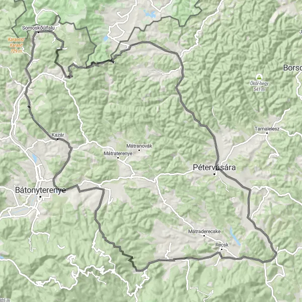 Map miniature of "125 km Romp through Hilltop Villages" cycling inspiration in Észak-Magyarország, Hungary. Generated by Tarmacs.app cycling route planner