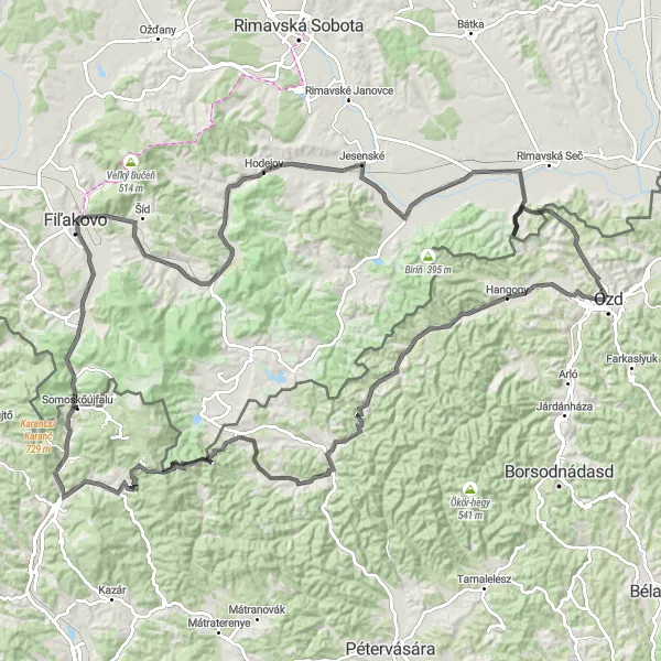 Map miniature of "Fiľakovo and the Stone Treasures" cycling inspiration in Észak-Magyarország, Hungary. Generated by Tarmacs.app cycling route planner