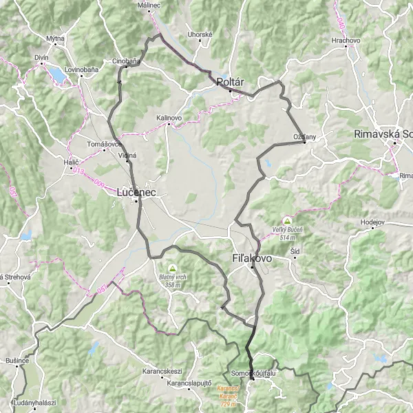 Map miniature of "Hidden Gems of Poltár" cycling inspiration in Észak-Magyarország, Hungary. Generated by Tarmacs.app cycling route planner