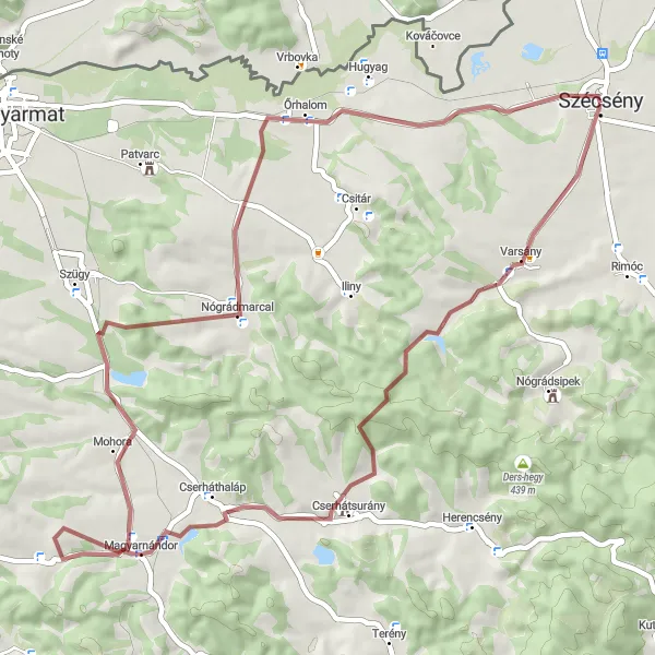 Map miniature of "Szécsény to Varsány Gravel Cycling Route" cycling inspiration in Észak-Magyarország, Hungary. Generated by Tarmacs.app cycling route planner
