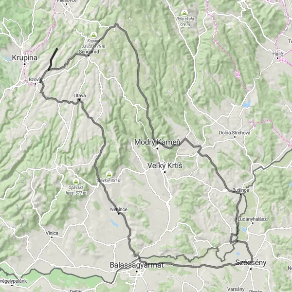 Map miniature of "Szécsény to Balassagyarmat Scenic Road Route" cycling inspiration in Észak-Magyarország, Hungary. Generated by Tarmacs.app cycling route planner