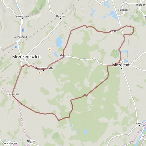 Map miniature of "Gravel Adventure: Gelej and Mezőcsát" cycling inspiration in Észak-Magyarország, Hungary. Generated by Tarmacs.app cycling route planner