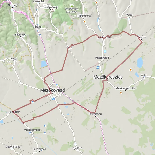 Map miniature of "Journey through the Breathtaking Landscapes of Mezőkeresztes" cycling inspiration in Észak-Magyarország, Hungary. Generated by Tarmacs.app cycling route planner
