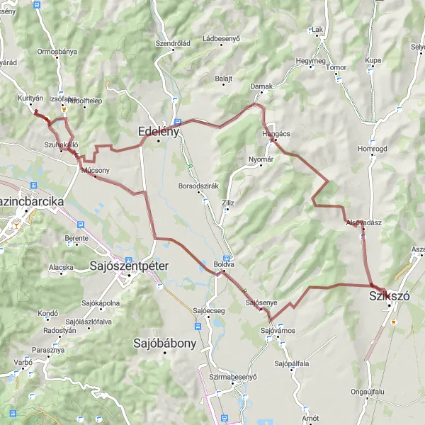 Map miniature of "Szikszó Gravel Adventure" cycling inspiration in Észak-Magyarország, Hungary. Generated by Tarmacs.app cycling route planner
