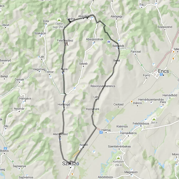 Map miniature of "Abaújlak and Szikszó loop" cycling inspiration in Észak-Magyarország, Hungary. Generated by Tarmacs.app cycling route planner