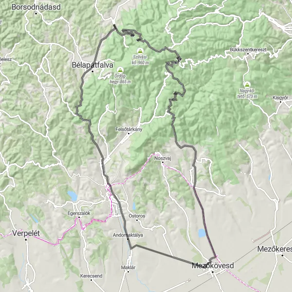 Map miniature of "Picturesque Ride through the Bükk Mountains" cycling inspiration in Észak-Magyarország, Hungary. Generated by Tarmacs.app cycling route planner