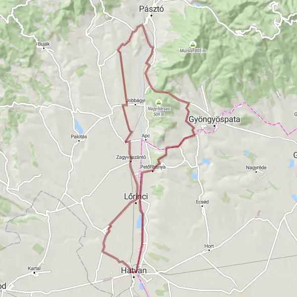Map miniature of "Kopasz-hegy Gravel Adventure" cycling inspiration in Észak-Magyarország, Hungary. Generated by Tarmacs.app cycling route planner