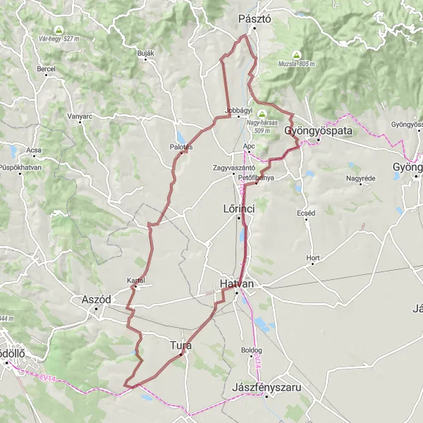 Map miniature of "Szurdokpüspöki Gravel Adventure" cycling inspiration in Észak-Magyarország, Hungary. Generated by Tarmacs.app cycling route planner