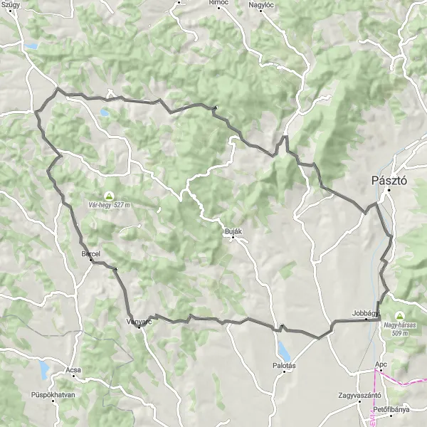 Map miniature of "Challenging Road Ride from Szurdokpüspöki" cycling inspiration in Észak-Magyarország, Hungary. Generated by Tarmacs.app cycling route planner