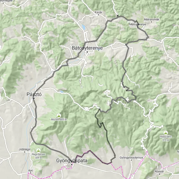 Map miniature of "Mátraverebély Road Adventure" cycling inspiration in Észak-Magyarország, Hungary. Generated by Tarmacs.app cycling route planner