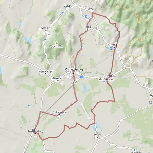 Map miniature of "Exploring Szerencs and Mezőzombor on Gravel" cycling inspiration in Észak-Magyarország, Hungary. Generated by Tarmacs.app cycling route planner