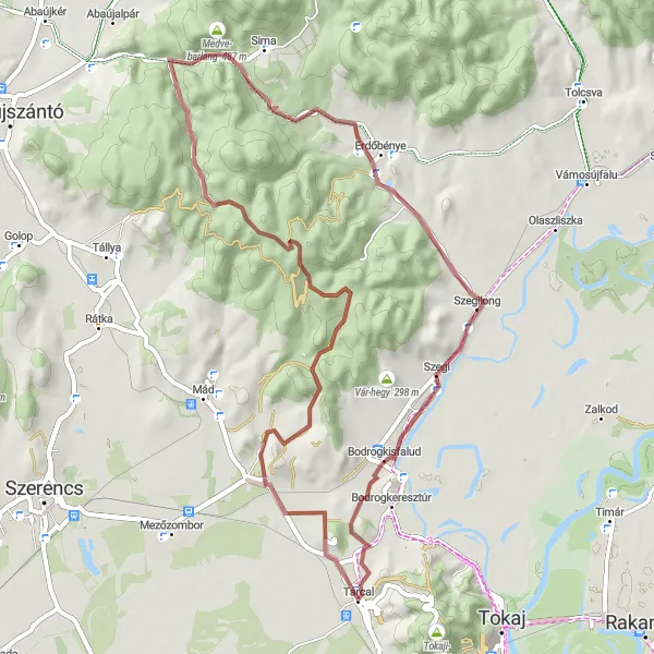 Map miniature of "Tarcal Gravel Adventure" cycling inspiration in Észak-Magyarország, Hungary. Generated by Tarmacs.app cycling route planner