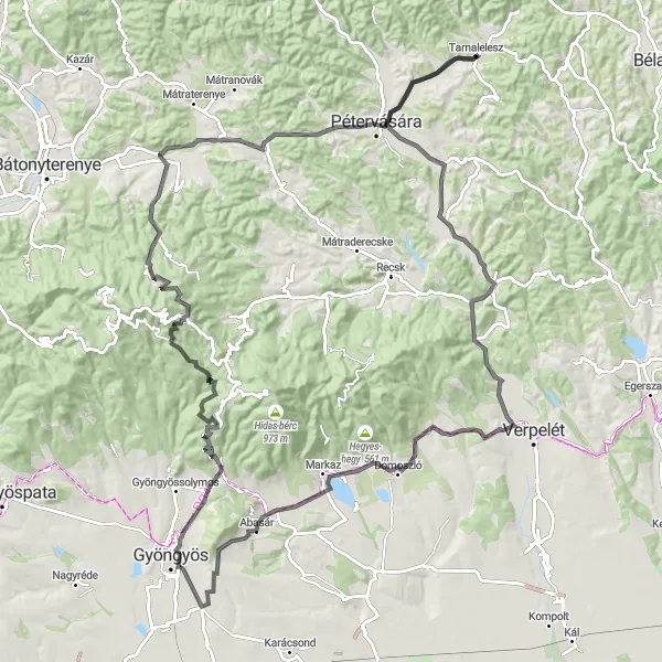 Map miniature of "Mátra Hills Cycling Challenge" cycling inspiration in Észak-Magyarország, Hungary. Generated by Tarmacs.app cycling route planner