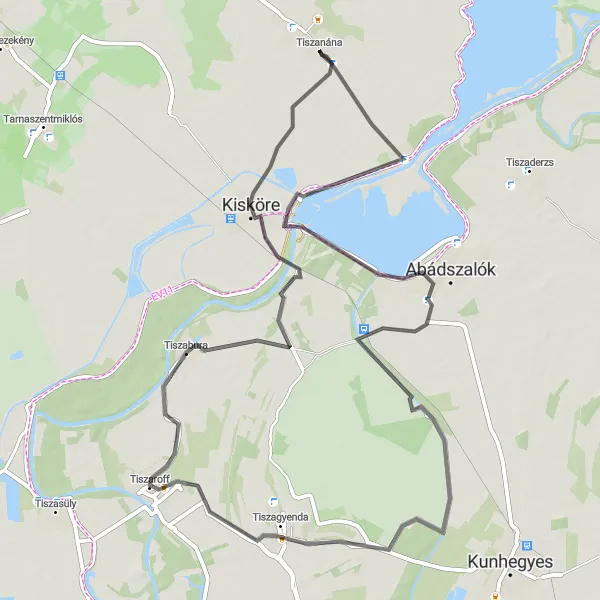 Map miniature of "The Tisza Loop" cycling inspiration in Észak-Magyarország, Hungary. Generated by Tarmacs.app cycling route planner