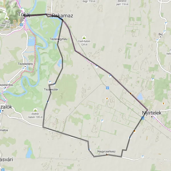 Map miniature of "Scenic Road to Tokaj" cycling inspiration in Észak-Magyarország, Hungary. Generated by Tarmacs.app cycling route planner