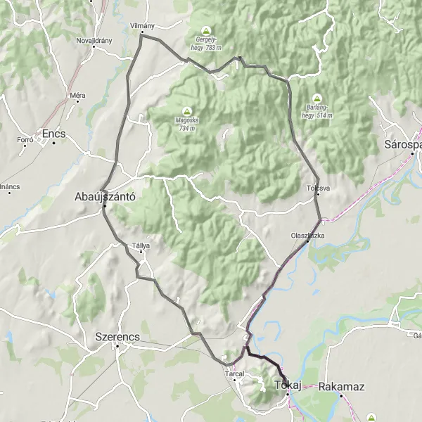 Map miniature of "Abaújkér Road Adventure" cycling inspiration in Észak-Magyarország, Hungary. Generated by Tarmacs.app cycling route planner