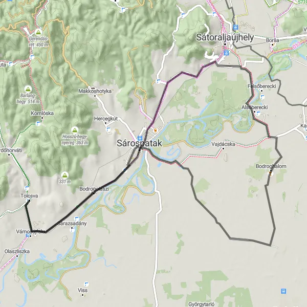 Map miniature of "Tolcsva - Alsóberecki Round Trip" cycling inspiration in Észak-Magyarország, Hungary. Generated by Tarmacs.app cycling route planner