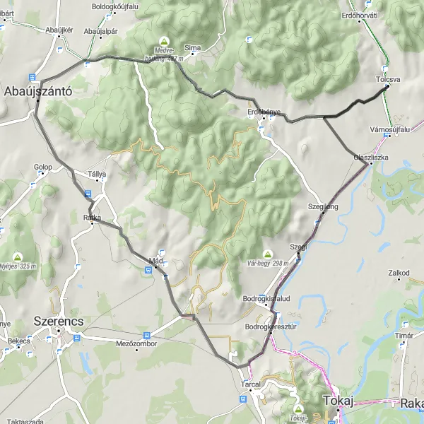 Map miniature of "Scenic Road Cycling Routes near Tolcsva" cycling inspiration in Észak-Magyarország, Hungary. Generated by Tarmacs.app cycling route planner