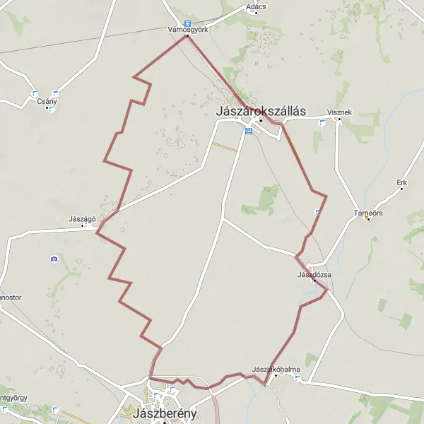 Map miniature of "Jászjákóhalma Adventure" cycling inspiration in Észak-Magyarország, Hungary. Generated by Tarmacs.app cycling route planner