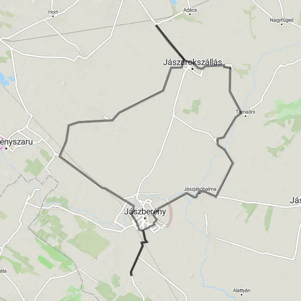 Map miniature of "Jászárokszállás and Jászdózsa Road Cycling" cycling inspiration in Észak-Magyarország, Hungary. Generated by Tarmacs.app cycling route planner