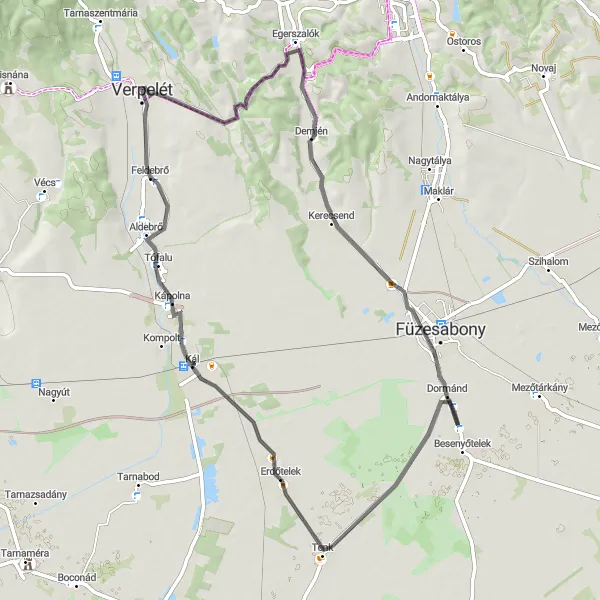 Map miniature of "The Scenic Road Ride to Kál" cycling inspiration in Észak-Magyarország, Hungary. Generated by Tarmacs.app cycling route planner