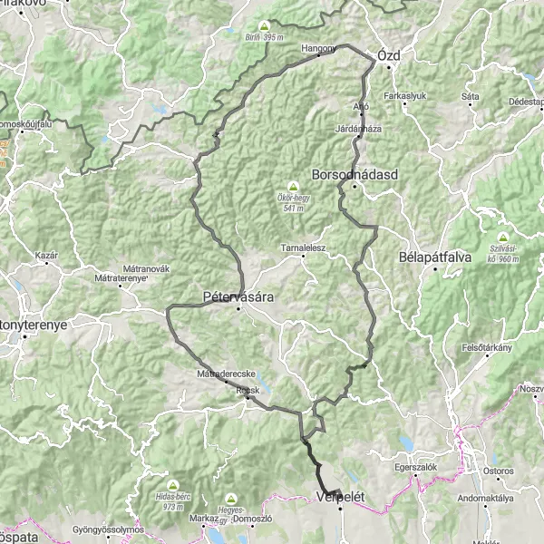 Map miniature of "The Road Challenge: Nagy-Várhegy and Bükk-tető" cycling inspiration in Észak-Magyarország, Hungary. Generated by Tarmacs.app cycling route planner