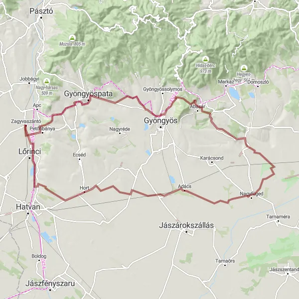 Map miniature of "Gravel Adventure around Zagyvaszántó" cycling inspiration in Észak-Magyarország, Hungary. Generated by Tarmacs.app cycling route planner