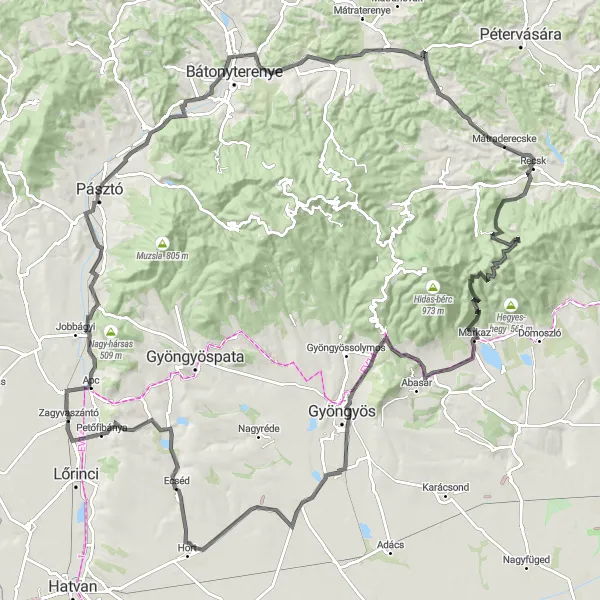 Map miniature of "Road Cycling Extravaganza near Zagyvaszántó" cycling inspiration in Észak-Magyarország, Hungary. Generated by Tarmacs.app cycling route planner