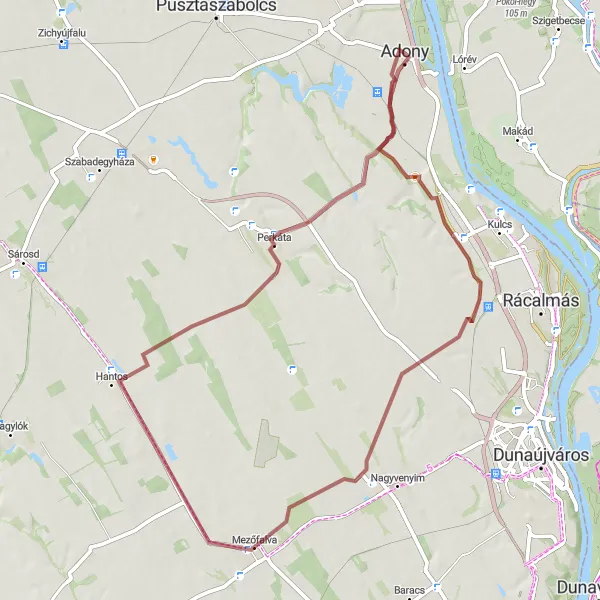Map miniature of "Adony, Mezőfalva, and Perkáta Gravel Escapade" cycling inspiration in Közép-Dunántúl, Hungary. Generated by Tarmacs.app cycling route planner
