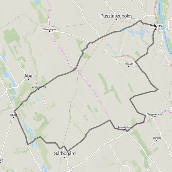 Map miniature of "Exploring Mezőfalva, Sárbogárd, Káloz, and Sárkeresztúr" cycling inspiration in Közép-Dunántúl, Hungary. Generated by Tarmacs.app cycling route planner