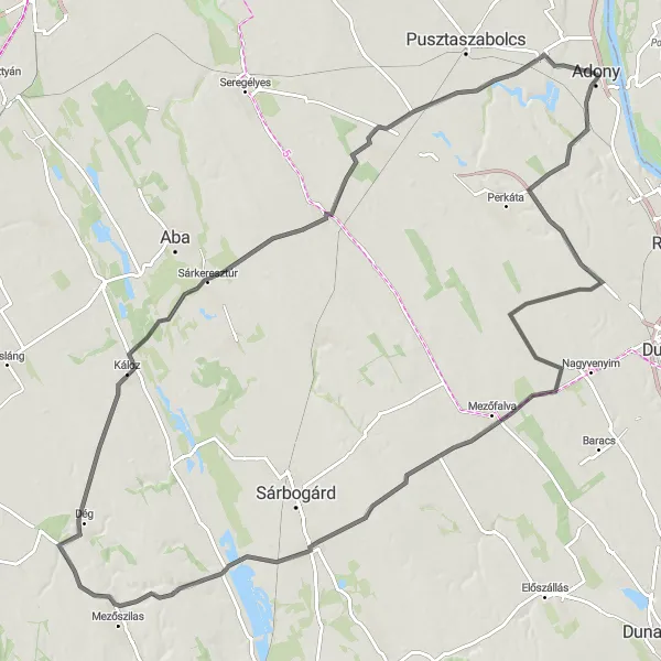 Map miniature of "Challenging Road Cycling Adventure from Adony" cycling inspiration in Közép-Dunántúl, Hungary. Generated by Tarmacs.app cycling route planner