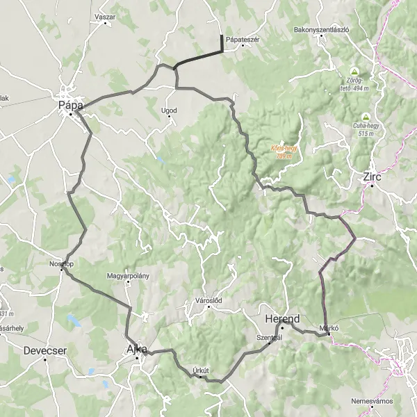Map miniature of "The Bakony Mountains Challenge" cycling inspiration in Közép-Dunántúl, Hungary. Generated by Tarmacs.app cycling route planner