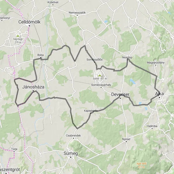 Map miniature of "Exploring the Zala Valley" cycling inspiration in Közép-Dunántúl, Hungary. Generated by Tarmacs.app cycling route planner