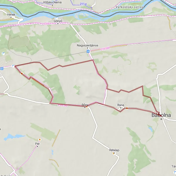 Map miniature of "Bábolna Gravel Getaway" cycling inspiration in Közép-Dunántúl, Hungary. Generated by Tarmacs.app cycling route planner