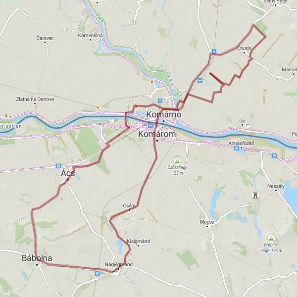 Map miniature of "Ács to Bábolna Scenic Gravel Route" cycling inspiration in Közép-Dunántúl, Hungary. Generated by Tarmacs.app cycling route planner