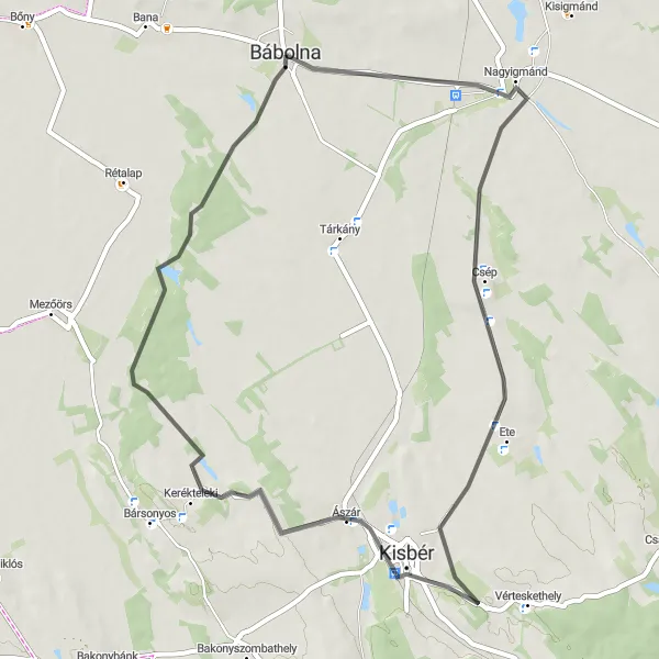 Map miniature of "Bábolna to Ménesudvar" cycling inspiration in Közép-Dunántúl, Hungary. Generated by Tarmacs.app cycling route planner