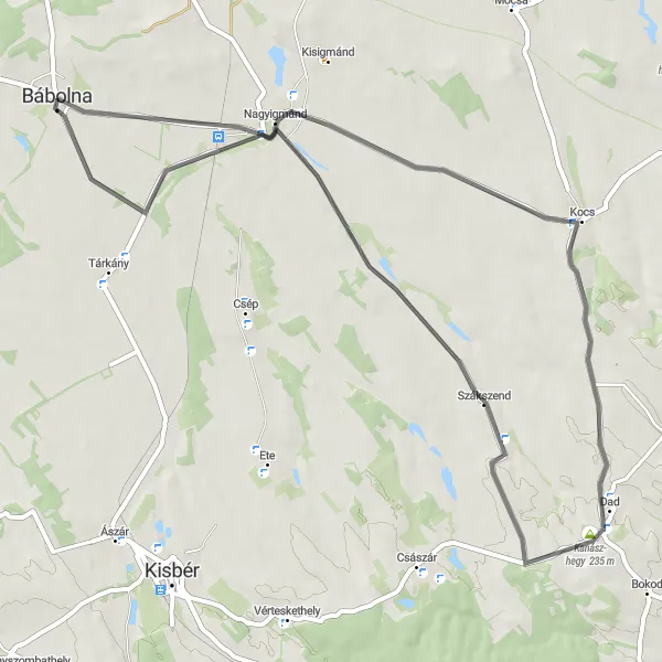Map miniature of "Bábolna to Ménesudvar Loop" cycling inspiration in Közép-Dunántúl, Hungary. Generated by Tarmacs.app cycling route planner