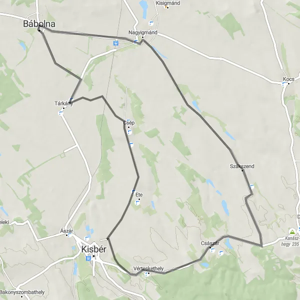 Map miniature of "Bábolna to Ménesudvar via Szákszend" cycling inspiration in Közép-Dunántúl, Hungary. Generated by Tarmacs.app cycling route planner