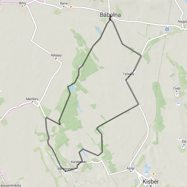 Map miniature of "Bábolna to Ménesudvar via Arany-hegy" cycling inspiration in Közép-Dunántúl, Hungary. Generated by Tarmacs.app cycling route planner