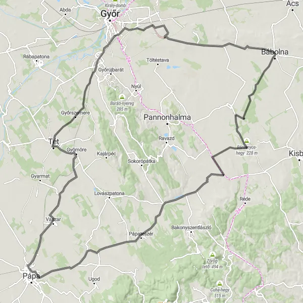 Map miniature of "Bábolna to Bőny Grand Tour" cycling inspiration in Közép-Dunántúl, Hungary. Generated by Tarmacs.app cycling route planner