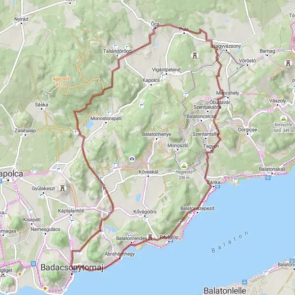 Map miniature of "Badacsonytomaj to Ábrahámhegy" cycling inspiration in Közép-Dunántúl, Hungary. Generated by Tarmacs.app cycling route planner