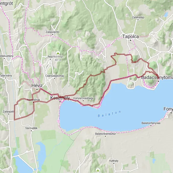 Map miniature of "Lake Balaton Gravel Loop" cycling inspiration in Közép-Dunántúl, Hungary. Generated by Tarmacs.app cycling route planner
